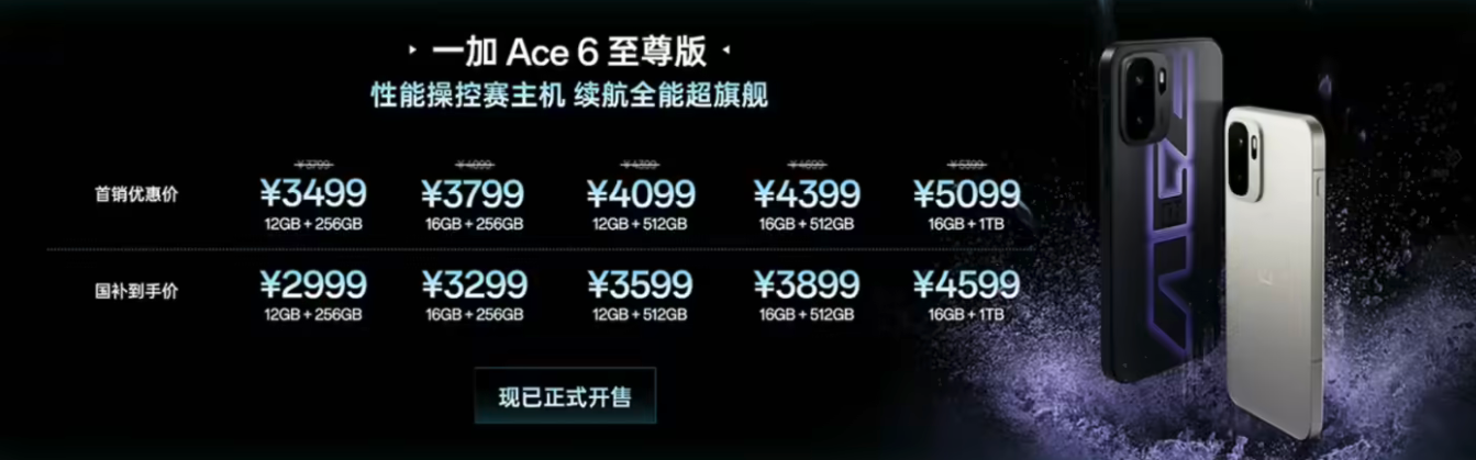 一加Ace 6至尊版正式发布 搭载天玑9500+专属游戏手柄 3499起